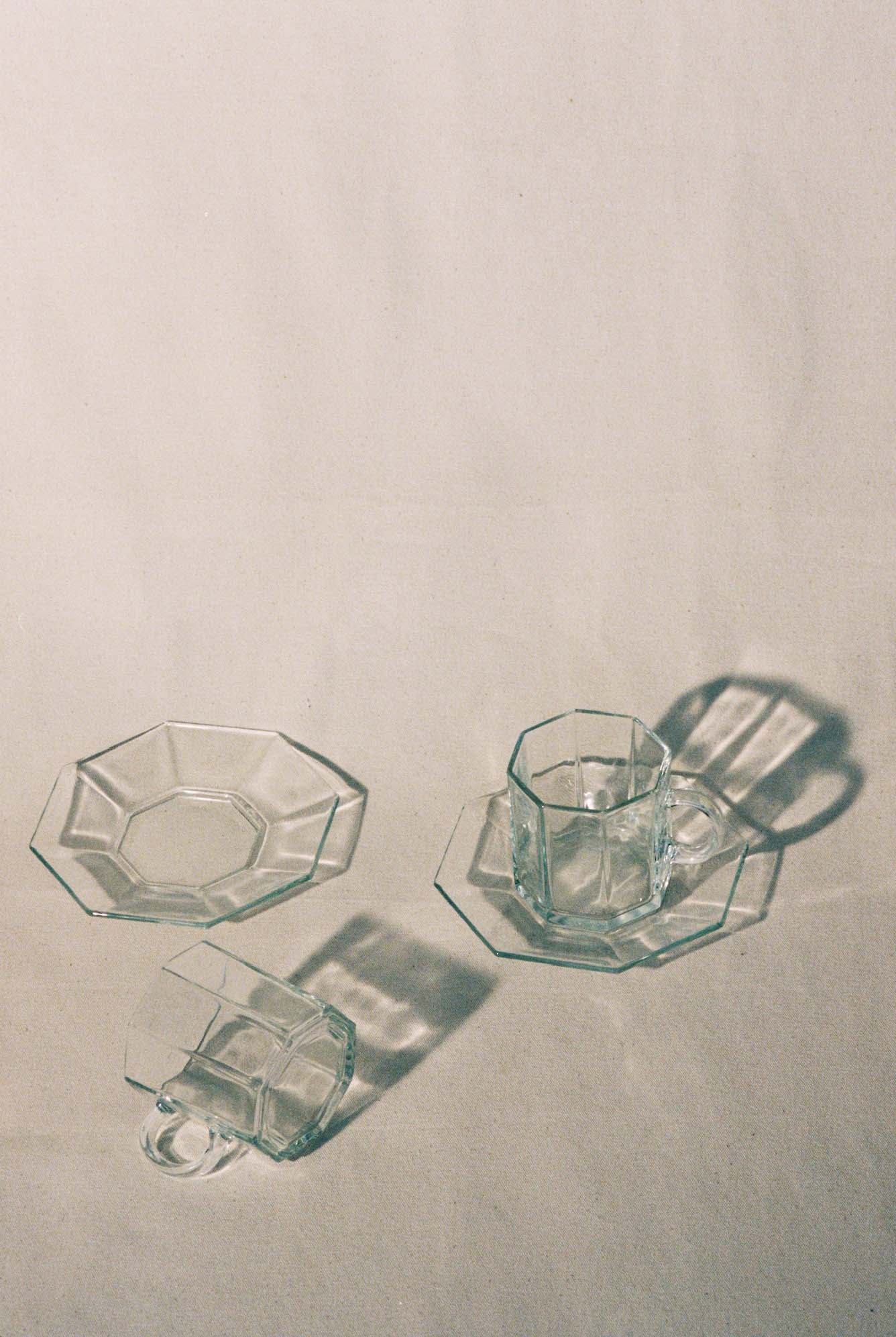Arcoroc Octime Clear Octagon Glass Cup and Saucer available for prop hire in Cape Town