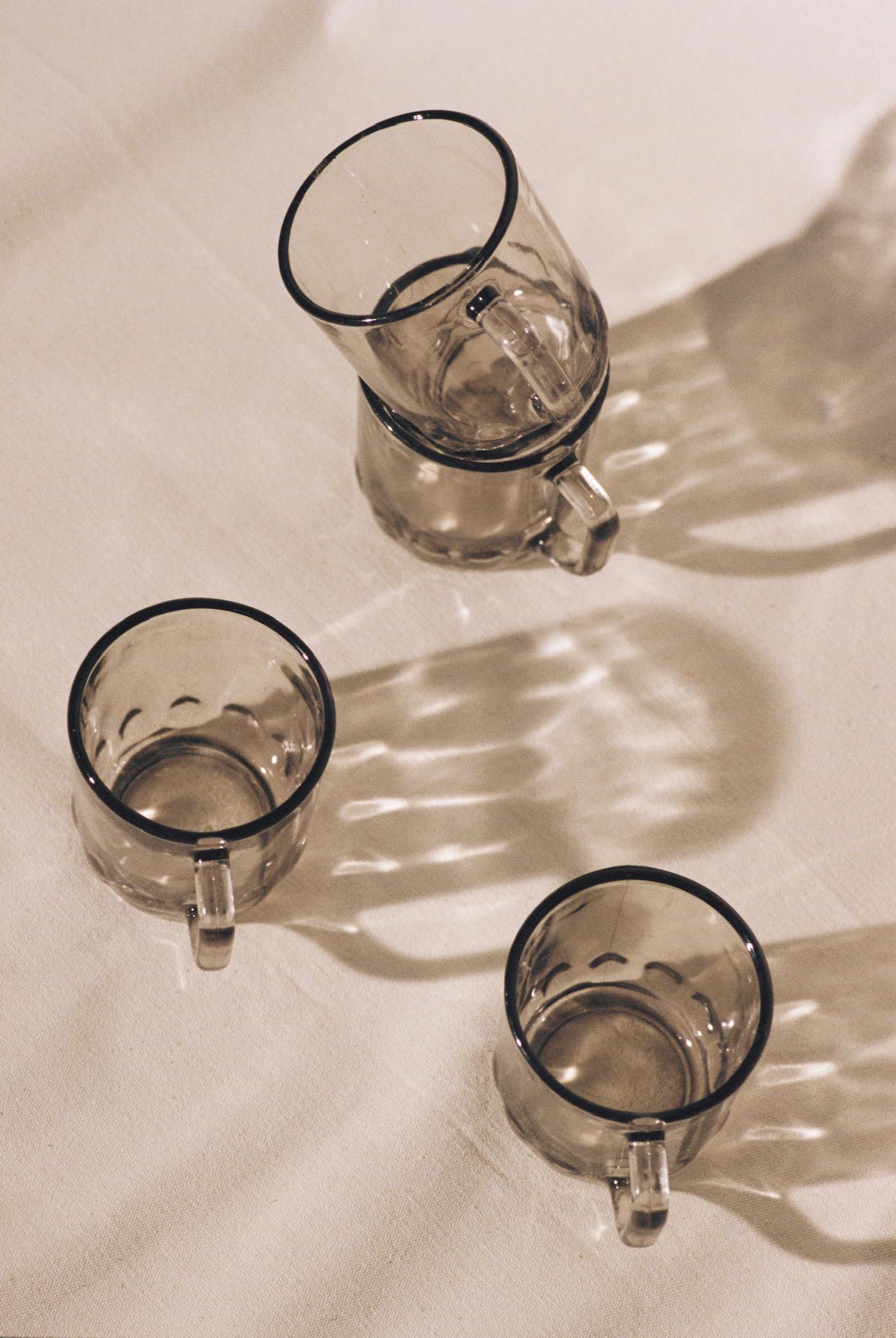 Arcoroc Smoked Glass Mugs available for prop hire in Cape Town